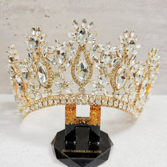 Bridal Headpiece, Gold Crystal Crown, Royal Princess Crown, Floral Pageant Crown main image 7